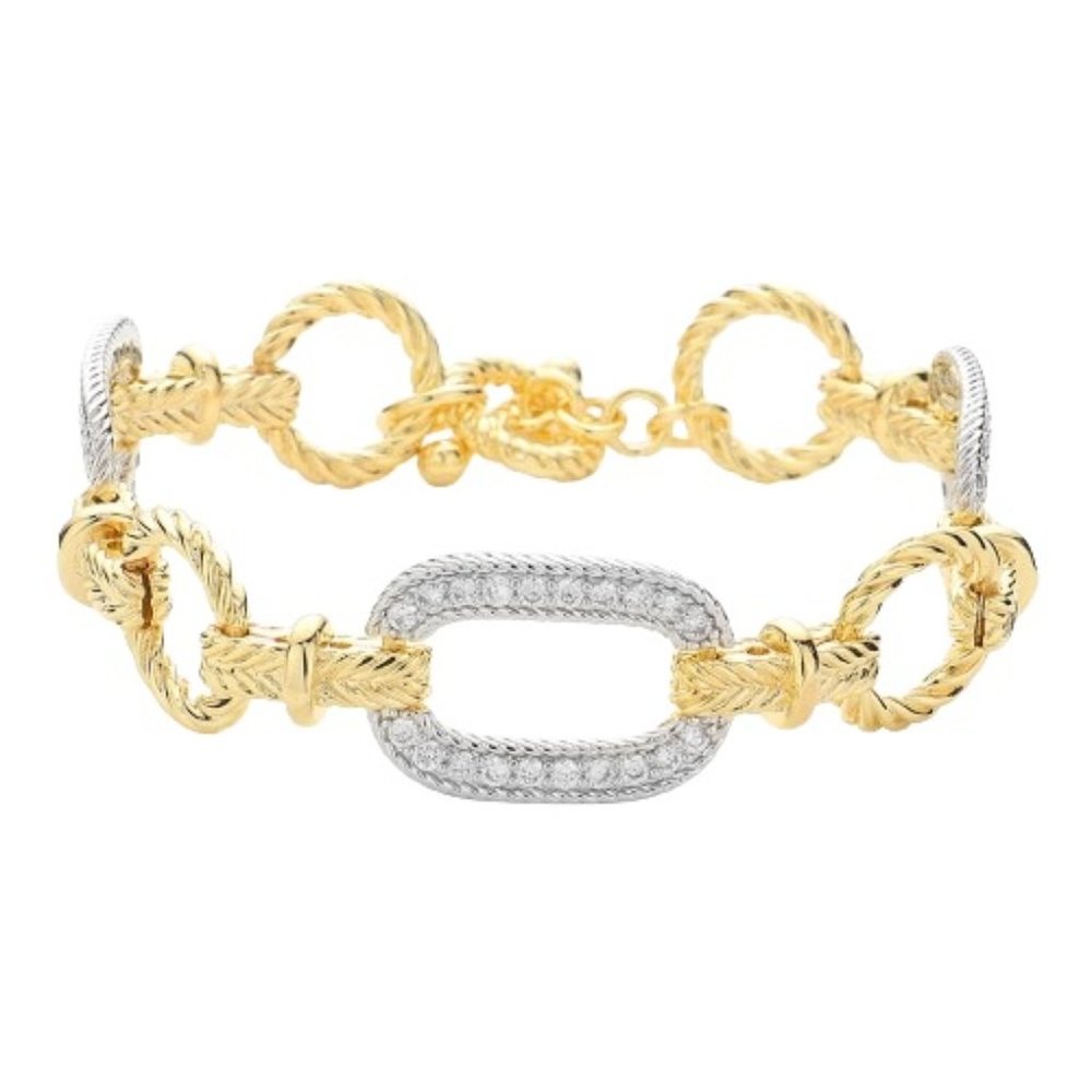 CZ Stone Paved Open Oval Link Two Tone Toggle Women Bracelet